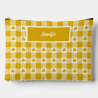 Mustard Yellow Plaid Shamrock Customizable  Accessory Pouch