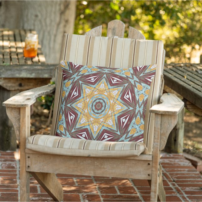 Mustard Yellow Red Brown Aqua Mandala Tribal Art Cushion (Chair)