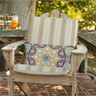 Mustard Yellow Red Brown Aqua Mandala Tribal Art Lumbar Cushion