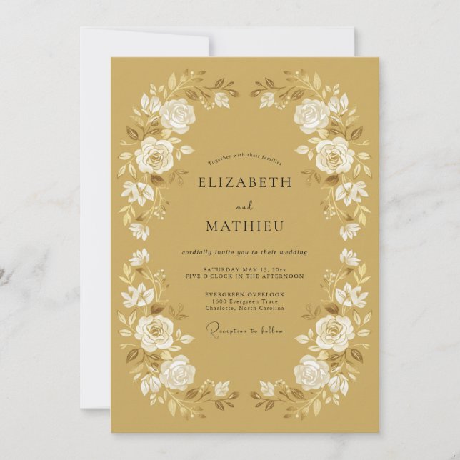 Mustard Yellow Refined Floral Wedding Invitation (Front)