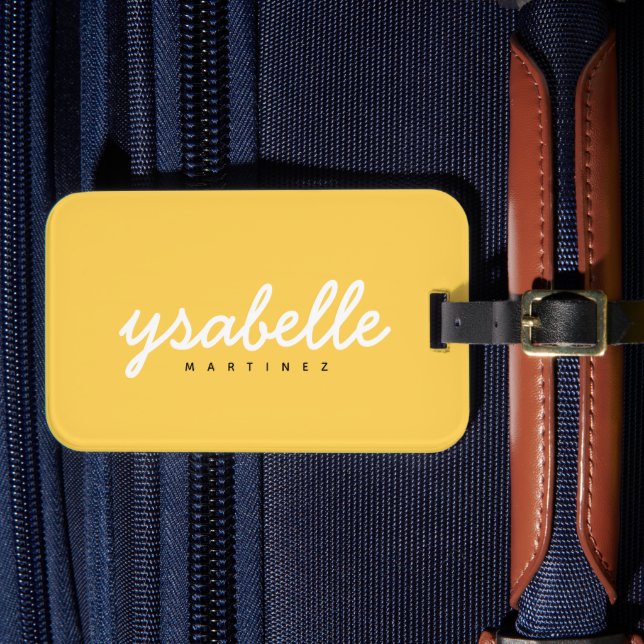 Mustard Yellow Simple Bold Script Name Luggage Tag (Front Insitu 4)