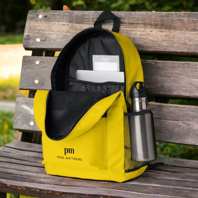 Mustard Yellow Simple Minimal Name and Monogram Printed Backpack (Personalize with your initials and name.)