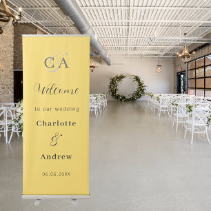 Mustard yellow simple monogram wedding welcome retractable banner