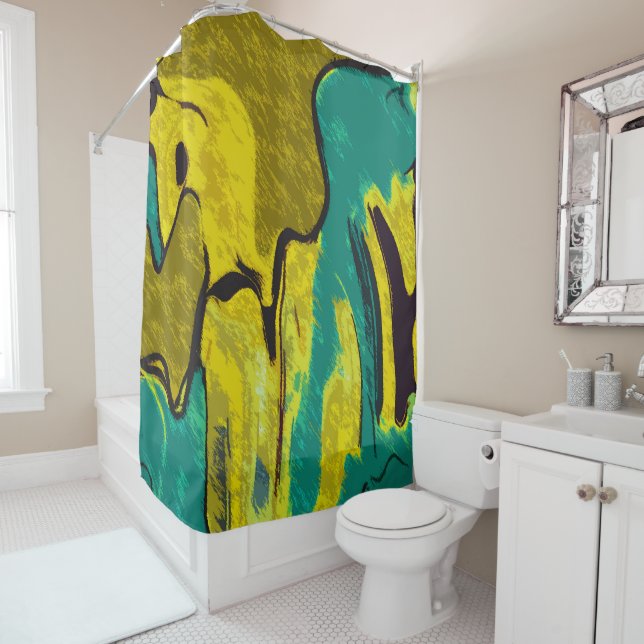 Mustard Yellow Teal Abstract Shower Curtain (In Situ)