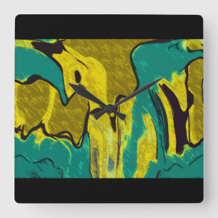 Mustard Yellow Teal Abstract Square Wall Clock