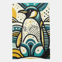 Mustard Yellow Teal Blue Penguin In Abstract Waves Tea Towel