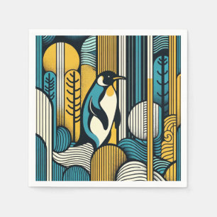 Mustard Yellow Teal Blue Penguin In Retro Geometry Napkin