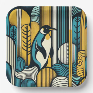 Mustard Yellow Teal Blue Penguin In Retro Geometry Paper Plate