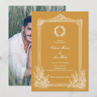 Mustard Yellow Vintage Ornate Frame Wedding Photo Invitation