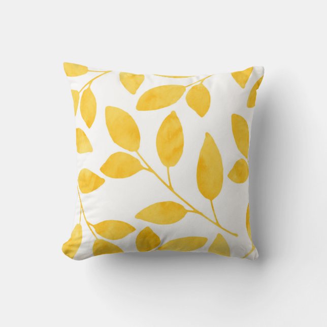 Mustard Yellow Watercolor Leaves Cushion (Front)