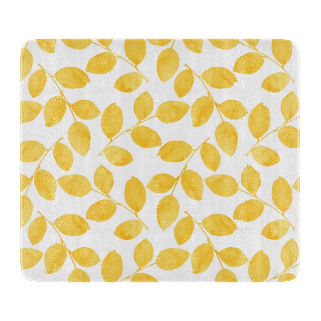 Mustard Yellow Watercolor Leaves Pattern Cutting Board (Front)