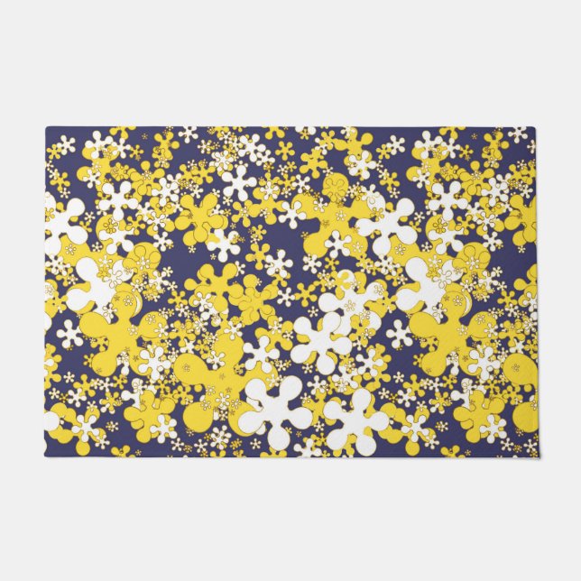Mustard yellow, white, gold, navy blue, flowers doormat (Front)