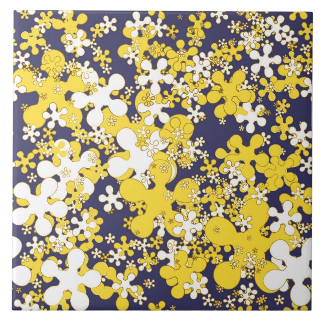 Mustard yellow, white, gold, navy blue, flowers tile (Front)