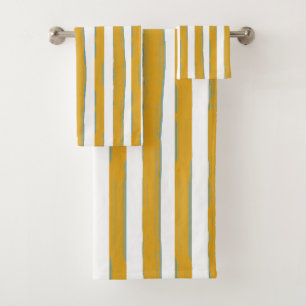 Mustard Yellow & White Hand-Painted Vertical Strip Bath Towel Set