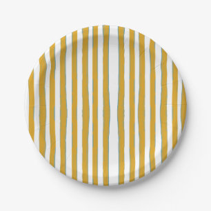 Mustard Yellow & White Hand-Painted Vertical Strip Paper Plate
