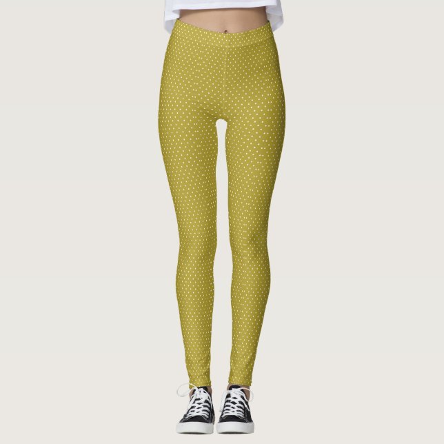 Mustard yellow white polka dots pattern  Leggings (Front)