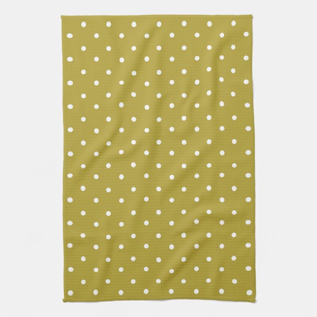  Mustard yellow white polka dots pattern  Tea Towel (Vertical)