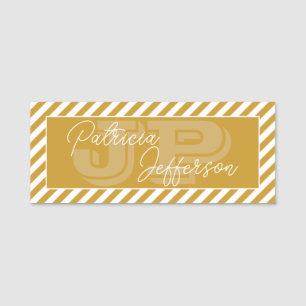 Mustard Yellow & White Stripes: Modern Monogrammed Name Tag