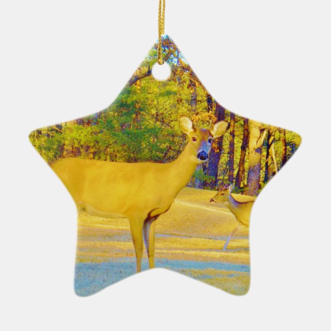 Musturd Coloured Deer with light blue Ceramic Tree Decoration (Front)