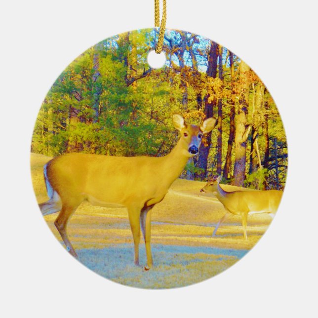 Musturd Coloured Deer with light blue Ceramic Tree Decoration (Front)