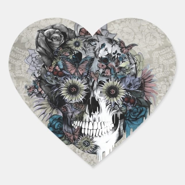 Mute, sunflower skull damask heart sticker (Front)