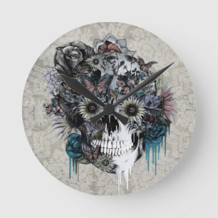 Mute, sunflower skull damask round clock