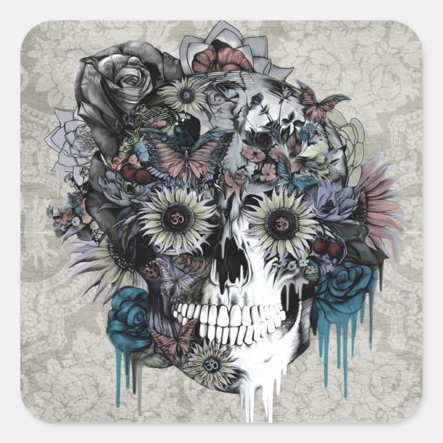 Mute, sunflower skull square sticker (Front)