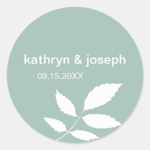 Mute teal modern leaves custom wedding favour labe classic round sticker