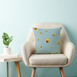 Muted Aqua Yellow Japanese Pansy Floral Pattern Cushion