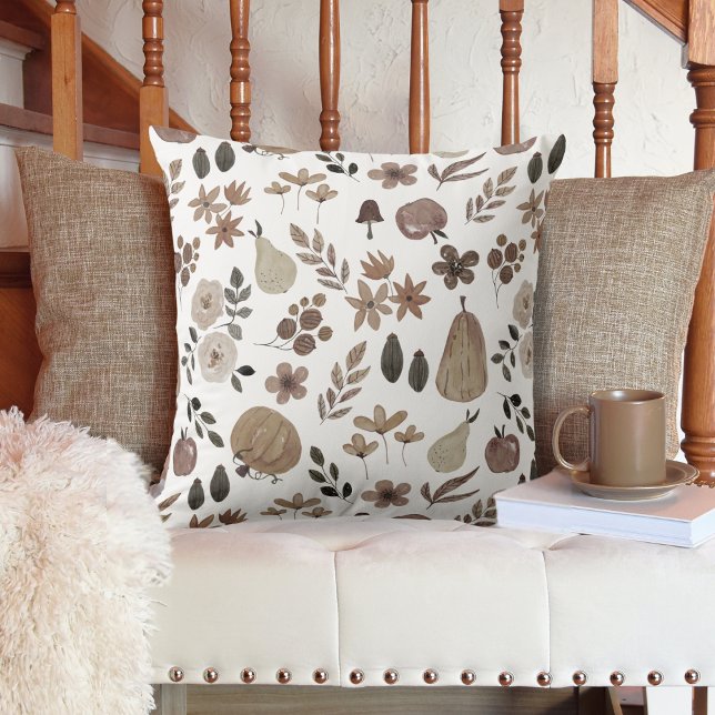 Muted Autumn Harvest Pumpkins and Foliage Cushion (Autumn Harvest Pumpkins and Foliage Throw Pillow in Muted Colors)