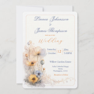 Muted Beige Fall Floral Wildflowers Pearls Wedding Invitation