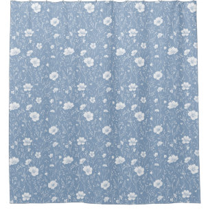 Muted Blue And White Wildflower Pattern Shower Curtain