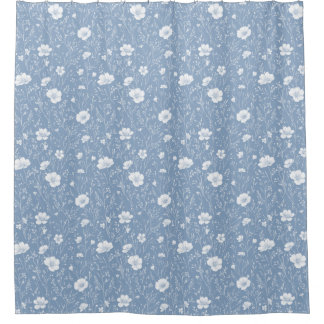 Muted Blue And White Wildflower Pattern Shower Curtain