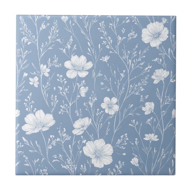 Muted Blue And White Wildflower Pattern Tile (Front)