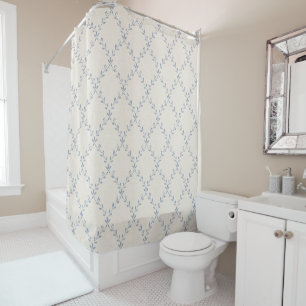 Muted Blue Floral Trellis Block Print Pattern Shower Curtain