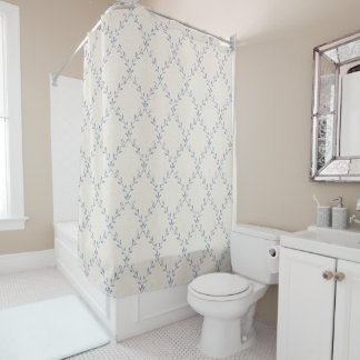 Muted Blue Floral Trellis Block Print Pattern Shower Curtain