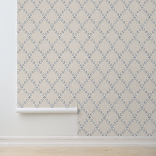 Muted Blue Floral Trellis Block Print Pattern Wallpaper