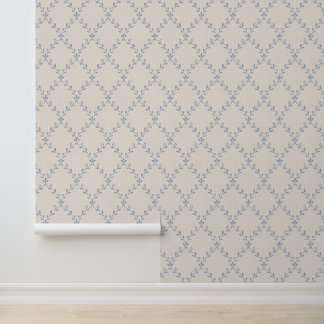 Muted Blue Floral Trellis Block Print Pattern Wallpaper