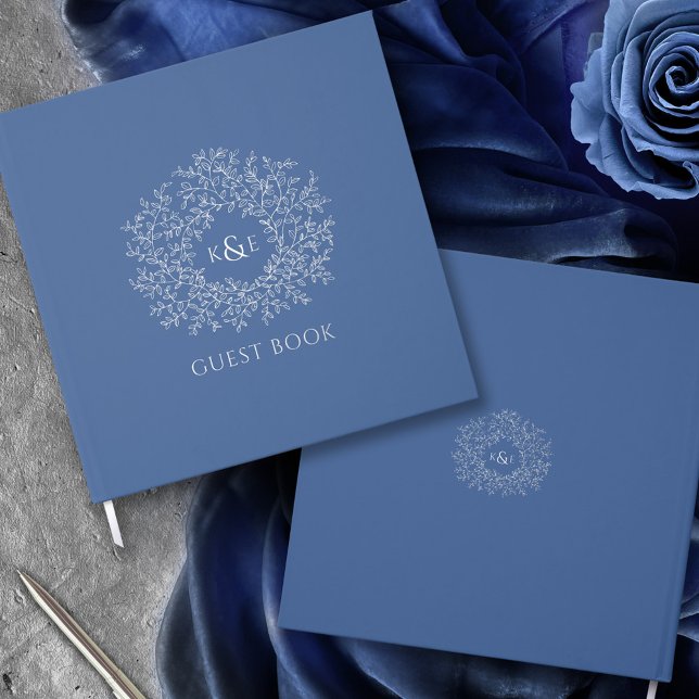 Muted blue silver leaf monogram wedding guest book (Creator Uploaded)
