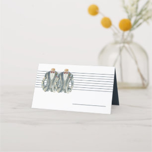 Muted Blue Two Grooms Suits and Bow Ties Wedding Place Card
