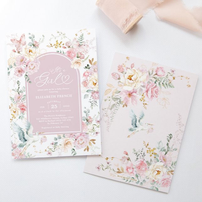Muted Blush Stork Wildflower Baby Girl Shower Invitation (Creator Uploaded)