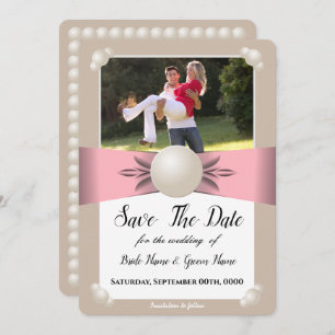 Muted Blush & Tan Pearl Ribbon Photo Save The Date Invitation