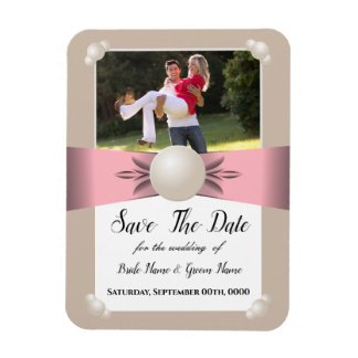 Muted Blush & Tan Pearl Ribbon Photo Save The Date Magnet