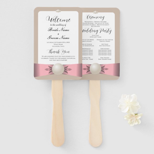 Muted Blush & Tan Pearl Ribbon Wedding Program Hand Fan (Front and Back)