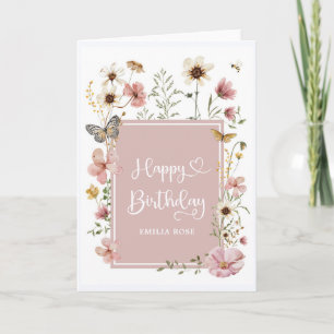 Muted Blush Wildflower Butterfly Happy Birthday Card