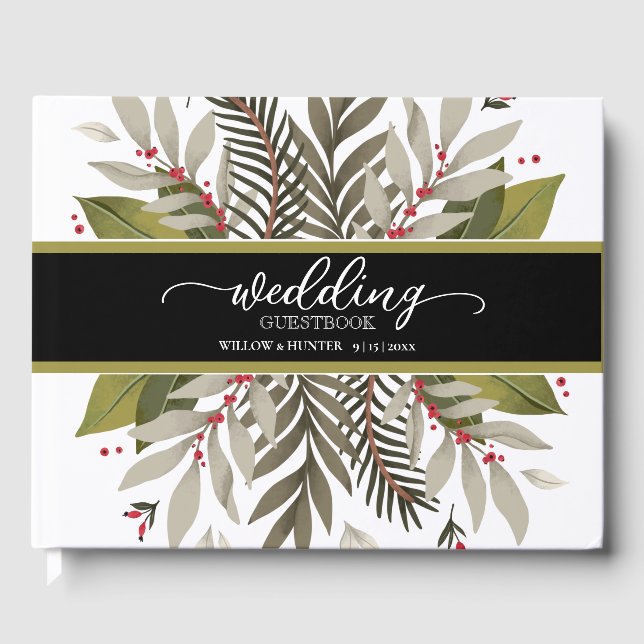 Muted Botanical Foliage w Black Band Wedding Guest Book (Front)