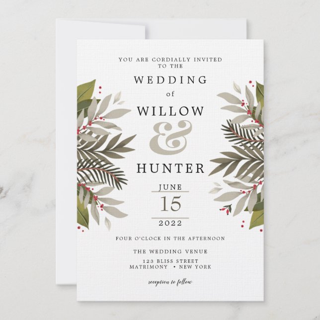 Muted Botanical Moss Grey & Red Wedding Invitation (Front)