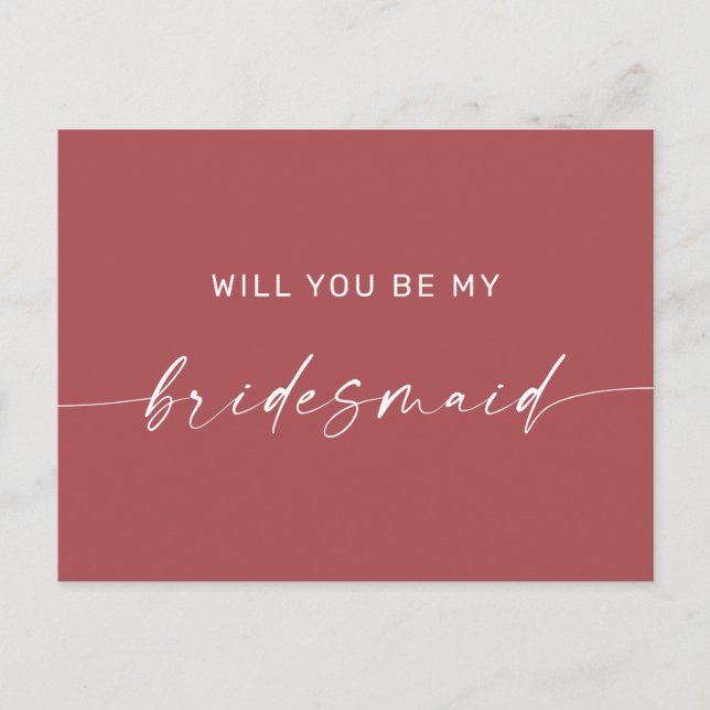 Muted Brick Red Modern Boho Bridesmaid Proposal Postcard (Front)