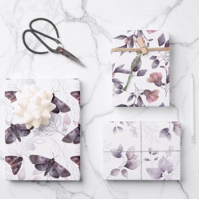 Muted Browns Watercolor Butterflies and Leaves  Wrapping Paper Sheet (Front)