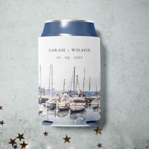 Muted Coastal Boats at Harbour Seascape Wedding Can Cooler